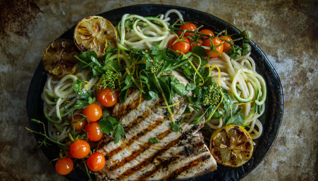 Grilled Swordfish with Mediterranean Pasta