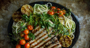 Grilled Swordfish with Mediterranean Pasta