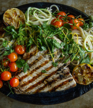 Grilled Swordfish with Mediterranean Pasta