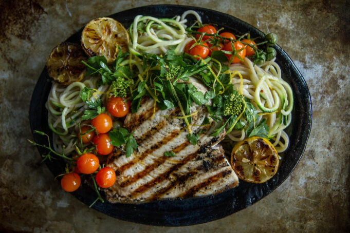 Grilled Swordfish with Mediterranean Pasta