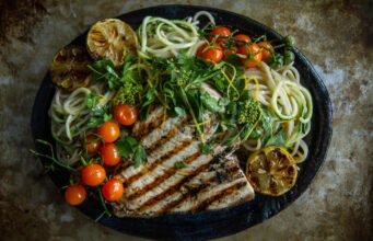 Grilled Swordfish with Mediterranean Pasta